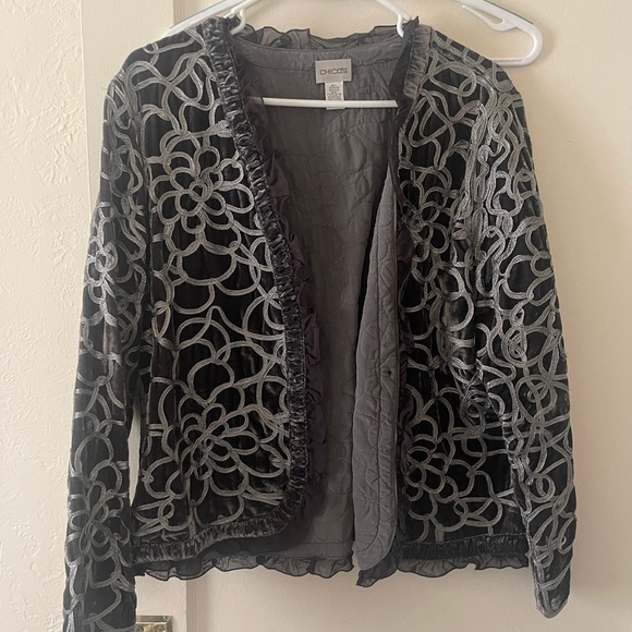 VTG CHICO Grey Metallic floral JACKET Blazer Bohemian Ruffle Artisan Sz 2 - Picture 1 of 11